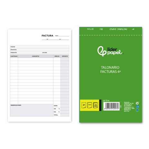 Talonario liderpapel facturas cuarto original y copia t216 con i.v.a.
