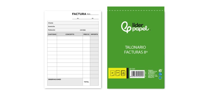 Talonario liderpapel facturas 8º original y copia t201 sin i.v.a.