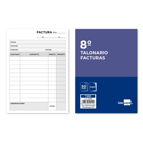 Talonario liderpapel facturas 8º original y copia t201 sin i.v.a.