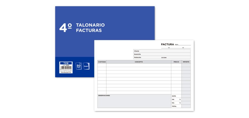 Talonario liderpapel facturas cuarto original y copia t218 apaisado con i.v.a.