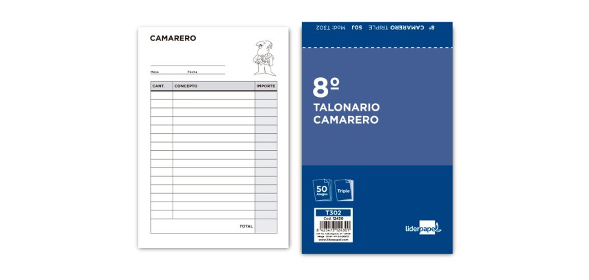 Talonario liderpapel camarero 8º original y 2 copias t302
