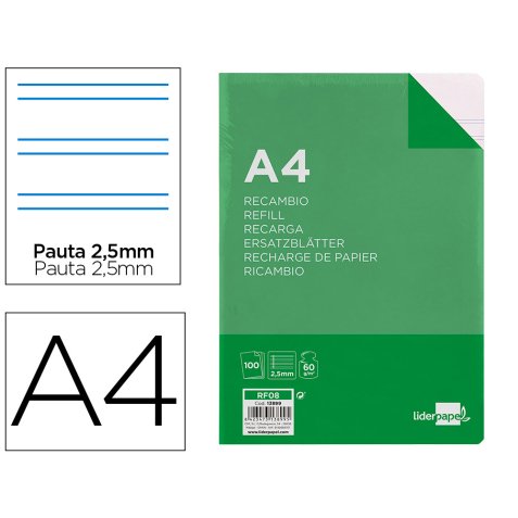 Recambio liderpapel A4 100 hojas 60 g pauta 5ª 2,5mm con margen 4 taladros