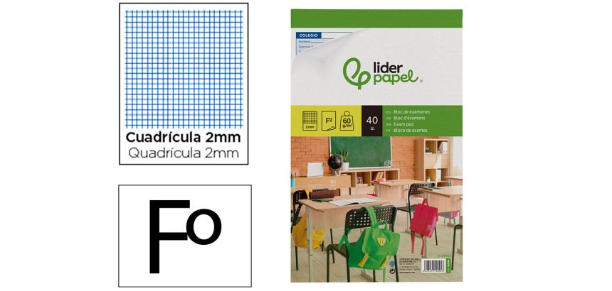 Bloc examenes liderpapel cuadro 2mm folio 40 hojas 60 g