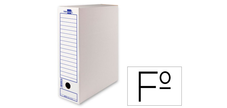Caja archivo definitivo liderpapel 104 folio carton reciclado 325g/m2 lomo 100 mm blanco 365x100x251 mm