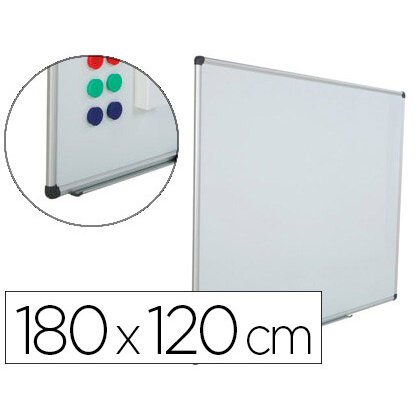 Pizarra blanca rocada acero vitrificado magnetico marco aluminio y cantoneras pvc 180x120 cm incluye bandeja