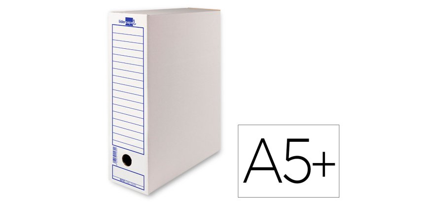 Caja archivo definitivo liderpapel 103 cuarto carton reciclado 325g/m2 lomo 105 mm blanco 278x105x213 mm