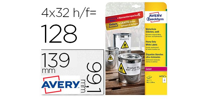 Etiqueta adhesiva resistente avery poliester blanco 99,1x139 mm para impresora laser pack de 32 unidades