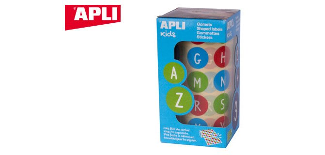 Gomets apli autoadhesivo redondo abecedario 20 mm diametro multicolor rollo de 900 unidades