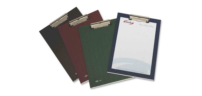 Portanotas pardo carton forrado pvc folio con pinza metalica azul