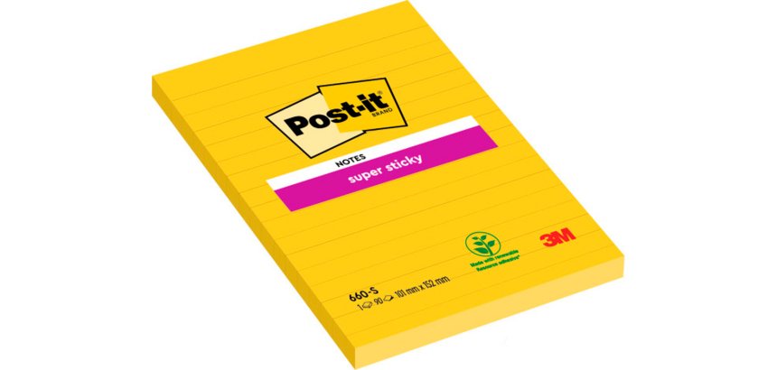 Bloc de notas adhesivas quita y pon post-it super sticky rayado amarillo ultra 101x152 mm