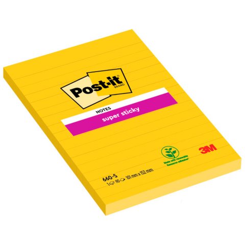 Bloc de notas adhesivas quita y pon post-it super sticky rayado amarillo ultra 101x152 mm