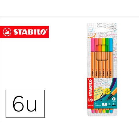Rotulador stabilo punta de fibra point 88 blister 6 colores surtidos neon