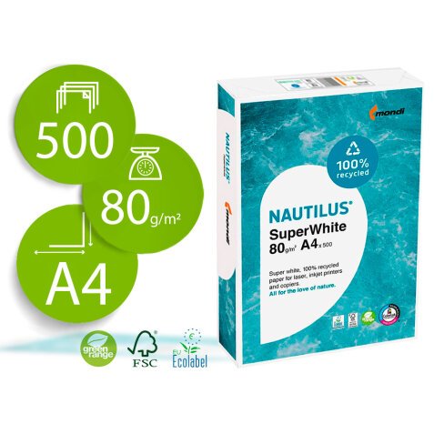 Papel fotocopiadora nautilus superwhite 100% reciclado din a4 80 gramos paquete de 500 hojas