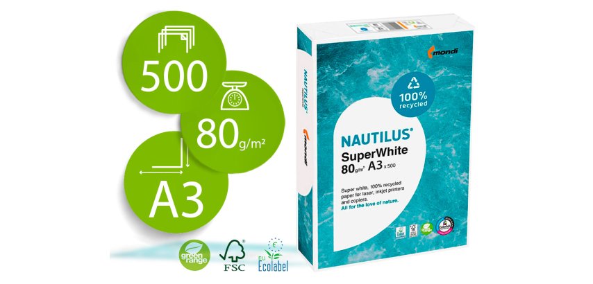 Papel fotocopiadora nautilus superwhite 100% reciclado din a3 80 gramos paquete de 500 hojas