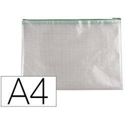 Bolsa multiusos q-connect malla din a4 apertura superiorcon cremallera verde