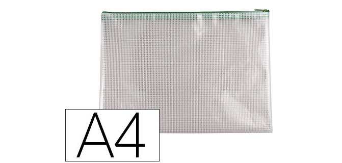 Bolsa multiusos q-connect malla din a4 apertura superiorcon cremallera verde