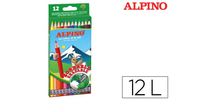 Lapices de colores alpino borrable con goma caja de 12 colores surtidos