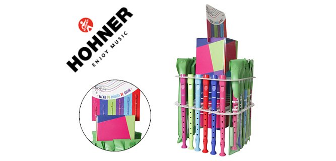 Flauta hohner gama colores expositor sobremesa de 36 unidades surtidas 6 por color 140x140x400 mm