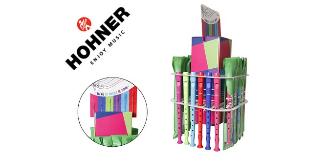 Flauta hohner gama colores expositor sobremesa de 36 unidades surtidas 6 por color 140x140x400 mm