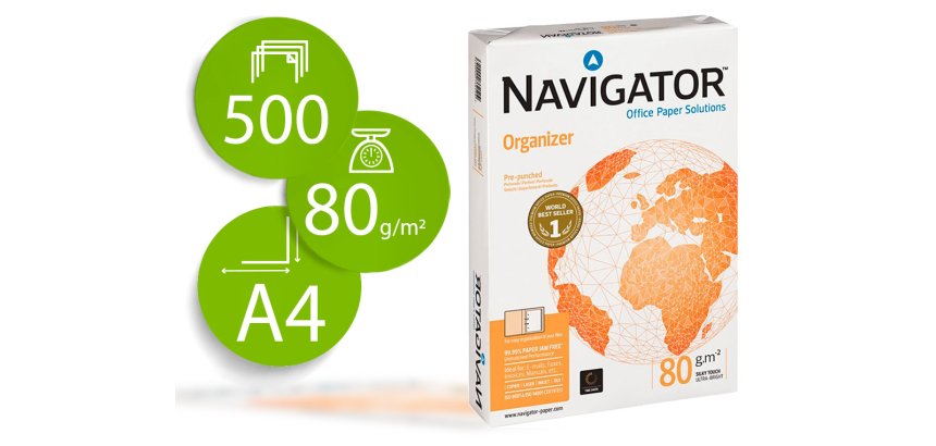 Papel fotocopiadora navigator din a4 80 gramos 2 taladros papel multiuso ink-jet y laser paquete de 500 hojas