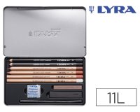 Lapices lyra rembrandt monocromo con accesorios para esbozos caja metalica de 11 unidades