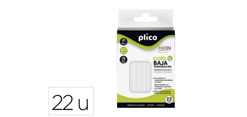Barra termofusible plico cola baja temperatura 8 mm de diametro x 95 mm de alto blister de 22 unidades
