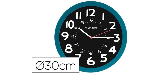 Reloj q-connect de pared plastico oficina redondo 30 cm color azul y esfera color negro