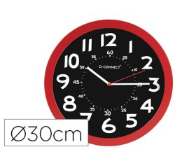 Reloj q-connect de pared plastico oficina redondo 30 cm color rojo y esfera color negro