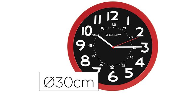 Reloj q-connect de pared plastico oficina redondo 30 cm color rojo y esfera color negro