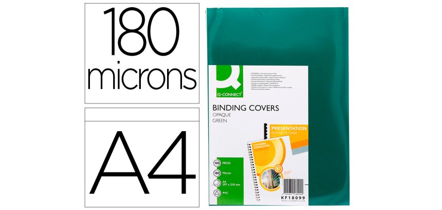 Cubiertas para encuadernar Q-connect PVC A4 opaca verde 180 micras - Paquete de 100 unidades