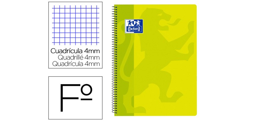 Cuaderno espiral oxford school classic tapa polipropileno folio 80 hojas cuadro 4 mm con margen lima