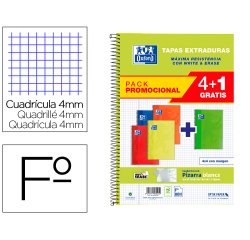 Cuaderno espiral oxford tapa extradura folio 80 hojas cuadro 4 mm con pizarra blancapack 4+1 colores clasicos