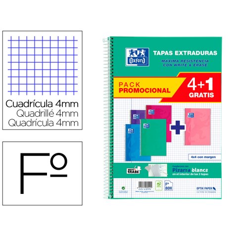 Cuaderno espiral oxford tapa extradura folio 80 hojas cuadro 4 mm con pizarra blancapack 4+1 colores tendencia
