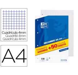 Recambio oxford din A4 200 + 50 hojas GRATIS cuadro 4 mm con margen