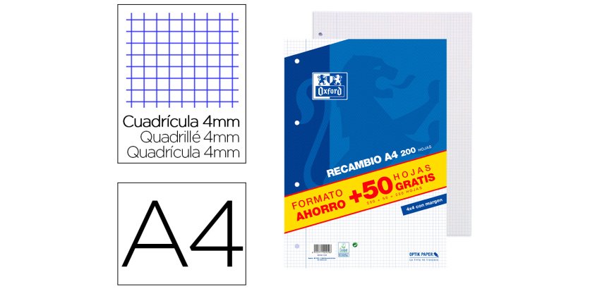 Recambio oxford din A4 200 + 50 hojas GRATIS cuadro 4 mm con margen