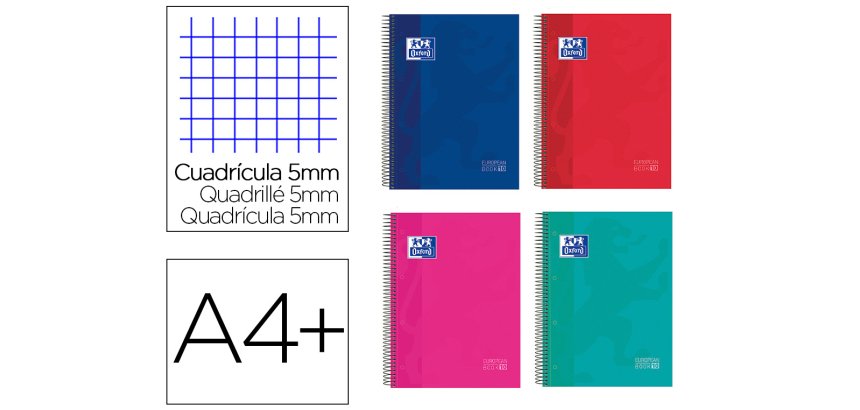Cuaderno espiral oxford surt europeanbook 10 school classic tapa extradura din a4+ 150 hojas cuadro 5 mm con