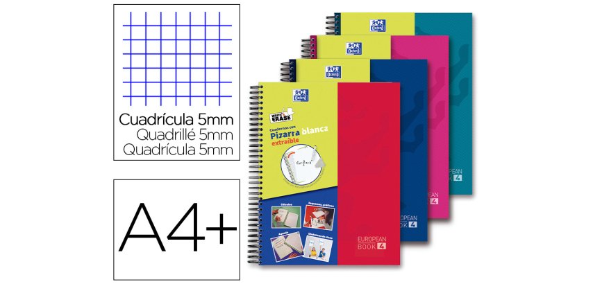 Cuaderno espiral oxford europeanbook 5 write&erase school classic din a4+ 120 hojas cuadro 5 mm con margen