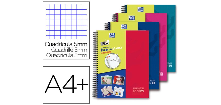 Cuaderno espiral oxford europeanbook 5 write&erase school classic din a4+ 120 hojas cuadro 5 mm con margen