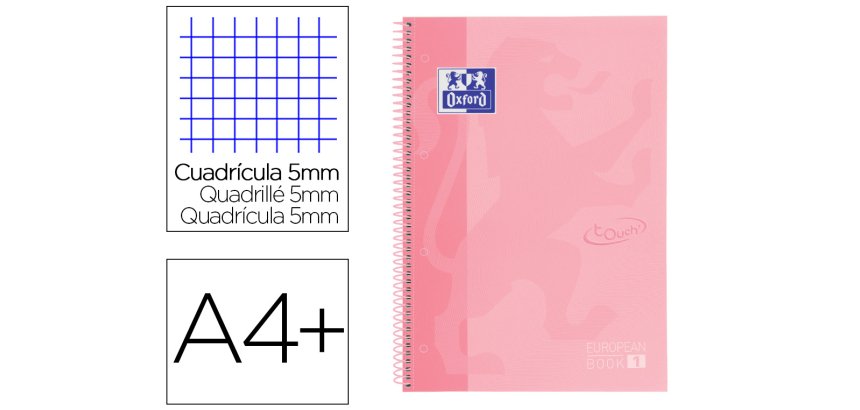 Cuaderno espiral oxford ebook 1 school touch te din a4+ 80 hojas cuadro 5 mm con margen flamingo pastel