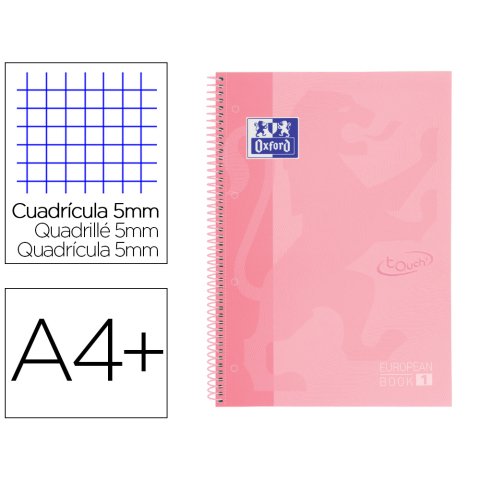 Cuaderno espiral oxford ebook 1 school touch te din a4+ 80 hojas cuadro 5 mm con margen flamingo pastel
