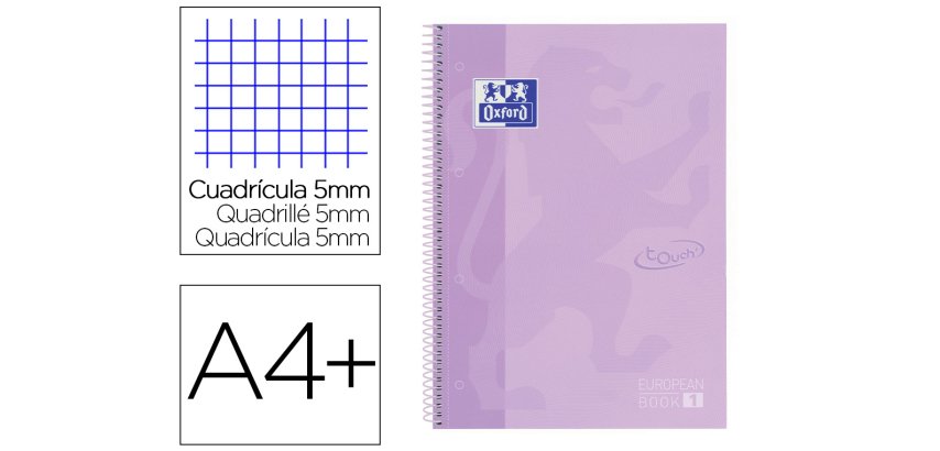 Cuaderno espiral oxford ebook 1 school touch te din a4+ 80 hojas cuadro 5 mm con margen malva pastel
