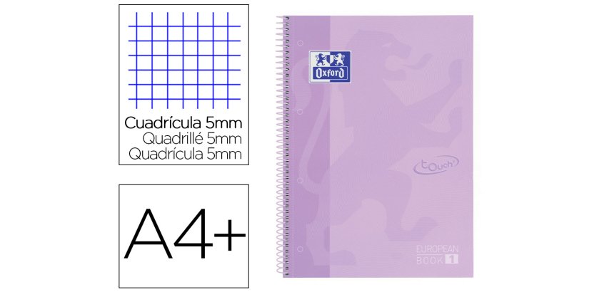 Cuaderno espiral oxford ebook 1 school touch te din a4+ 80 hojas cuadro 5 mm con margen malva pastel