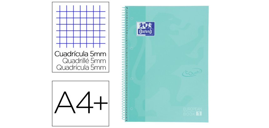 Cuaderno espiral oxford ebook 1 school touch te din a4+ 80 hojas cuadro 5 mm con margen mint pastel