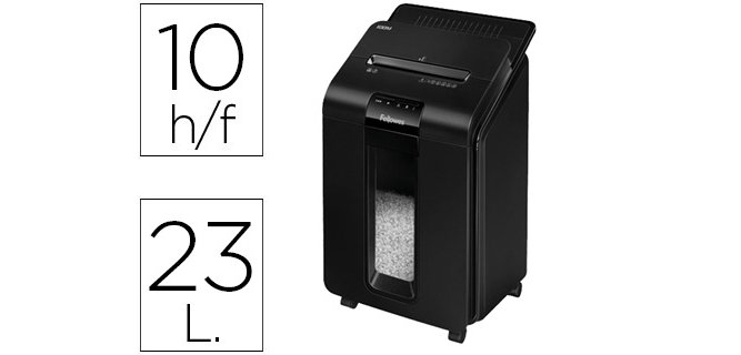 Destructora de documentos fellowes auto+100m capacidad de corte 100 hojas destruye grapas clips y tarjetas 23l