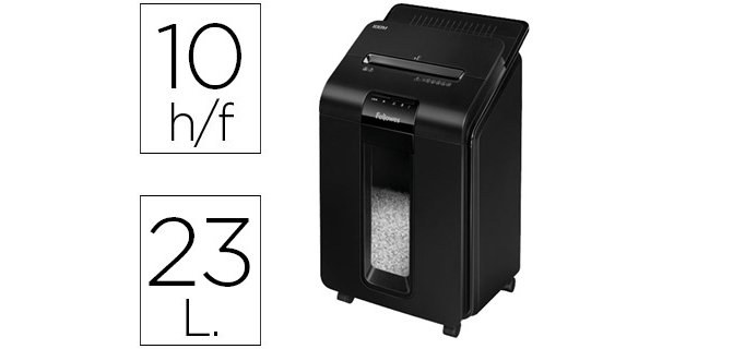 Destructora de documentos fellowes auto+100m capacidad de corte 100 hojas destruye grapas clips y tarjetas 23l