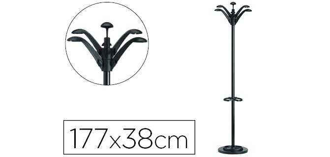 Perchero metalico unilux flora pie 6 colgadores con paraguero y bandeja goteo negro 177x38 cm