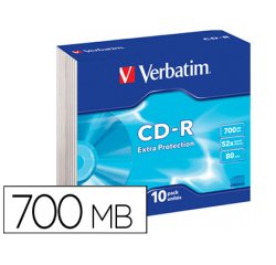 Cd-rom verbatim extra proteccion capacidad 700mb velocidad 52x 80 min pack de 10 unidades caja slim