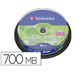 Cd-rw verbatim serl capacidad 700mb velocidad 12x 80 min tarrina de 10 unidades