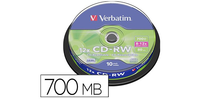 Cd-rw verbatim serl capacidad 700mb velocidad 12x 80 min tarrina de 10 unidades