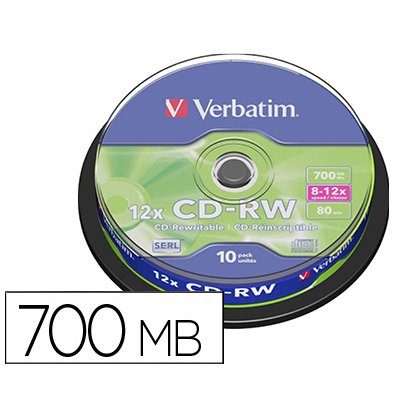 Cd-rw verbatim serl capacidad 700mb velocidad 12x 80 min tarrina de 10 unidades